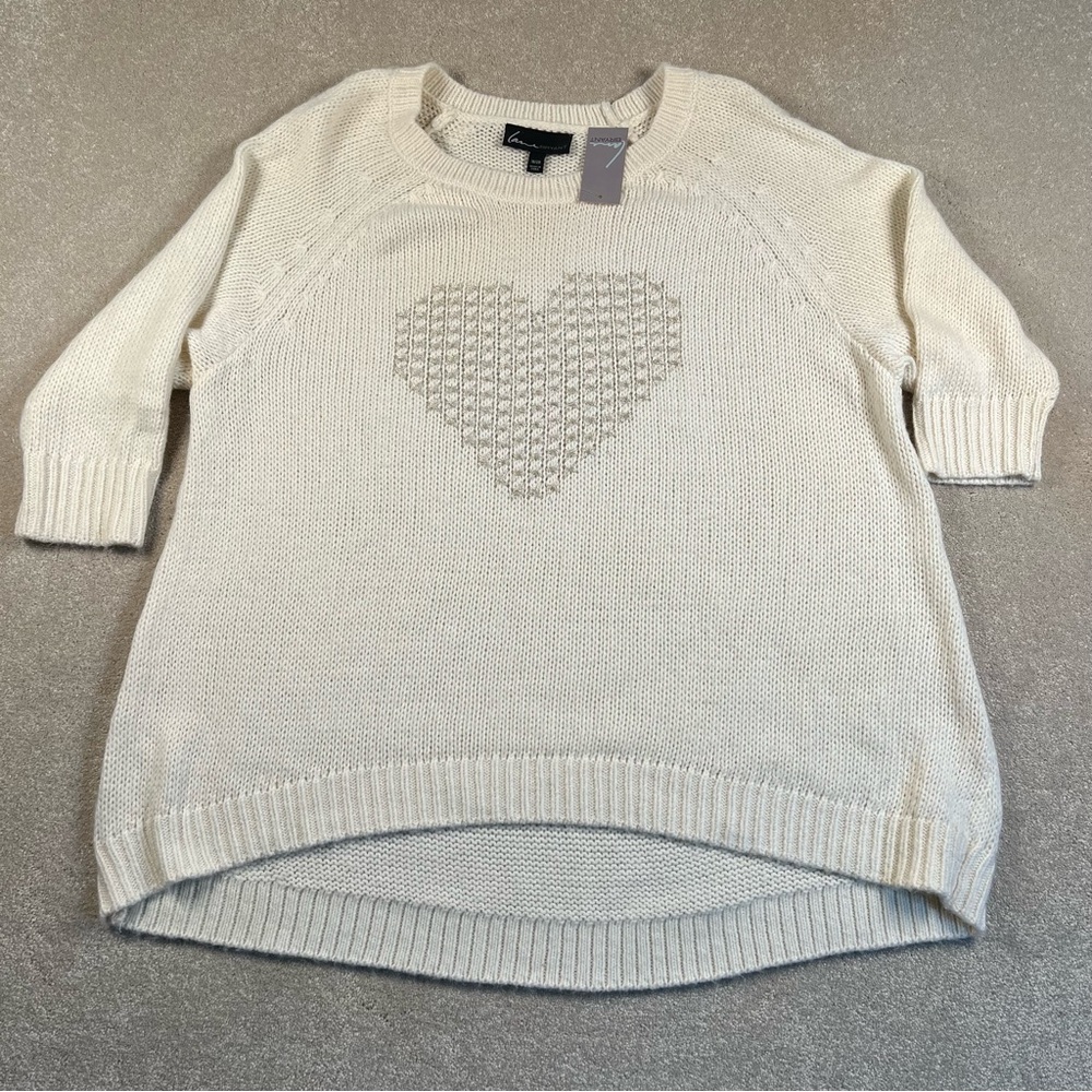 Lane Bryant Sweater Knit‎ Cream Silver Heart 3 Quarter NWT Crew Women's 18/20